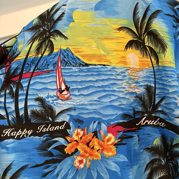 Rima Hawaiian Shirt Men Small Blue Aruba One Happy Island Beach Sunset Vacation - Picture 6 of 11